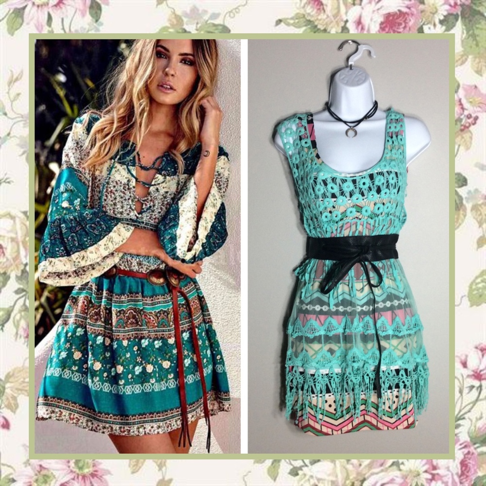 🎀 4PC BOHO CHIC TEAL MINI DRESS FRINGE TRIBAL BELT NECKLACE BOHEMIAN BUNDLE SET